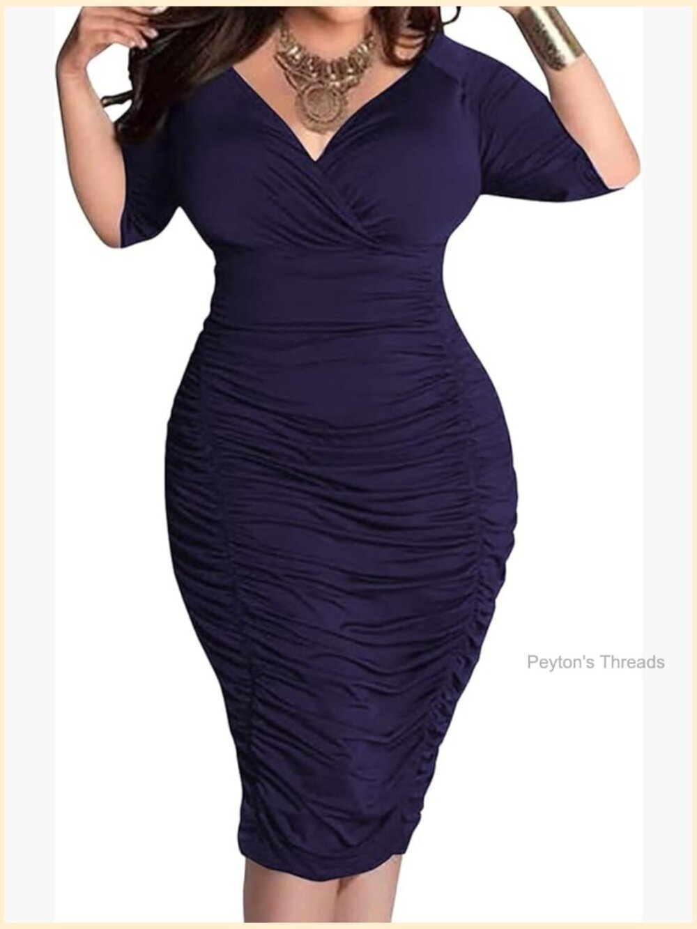 Plus Size Bodycon Ruched Wrap V-Neck Short Sleeve Midi Dress